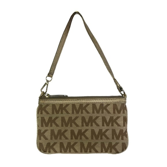 MICHAEL KORS SMALL POUCH MONOGRAM MK WRISTLET BROWN MK CANVA GOLD HARDWARE WOMEN - Picture 1 of 12
